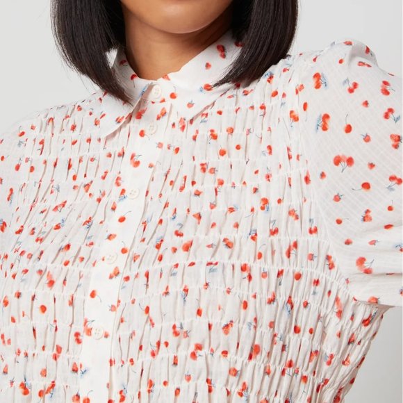 $ SEE BY CHLOE Floral Blouse White Cherry Pattern Fruit Print Ruched Puff Sleeve - Picture 2 of 4